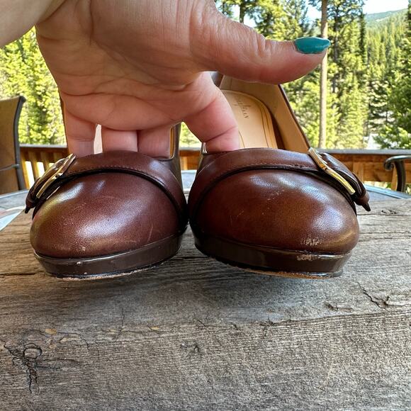 Cole Haan Nike Air Brown Leather Stiletto Heels 10B Gold Buckle Classy Coquette - Picture 6 of 10